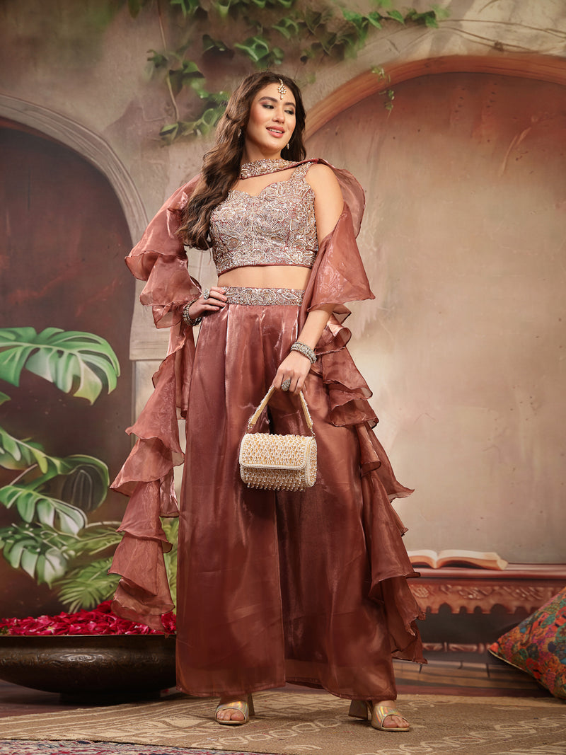Stylum Women's Brown Solid & Embroidered Organza Co-Ords Set (CSBROWNVANYA)