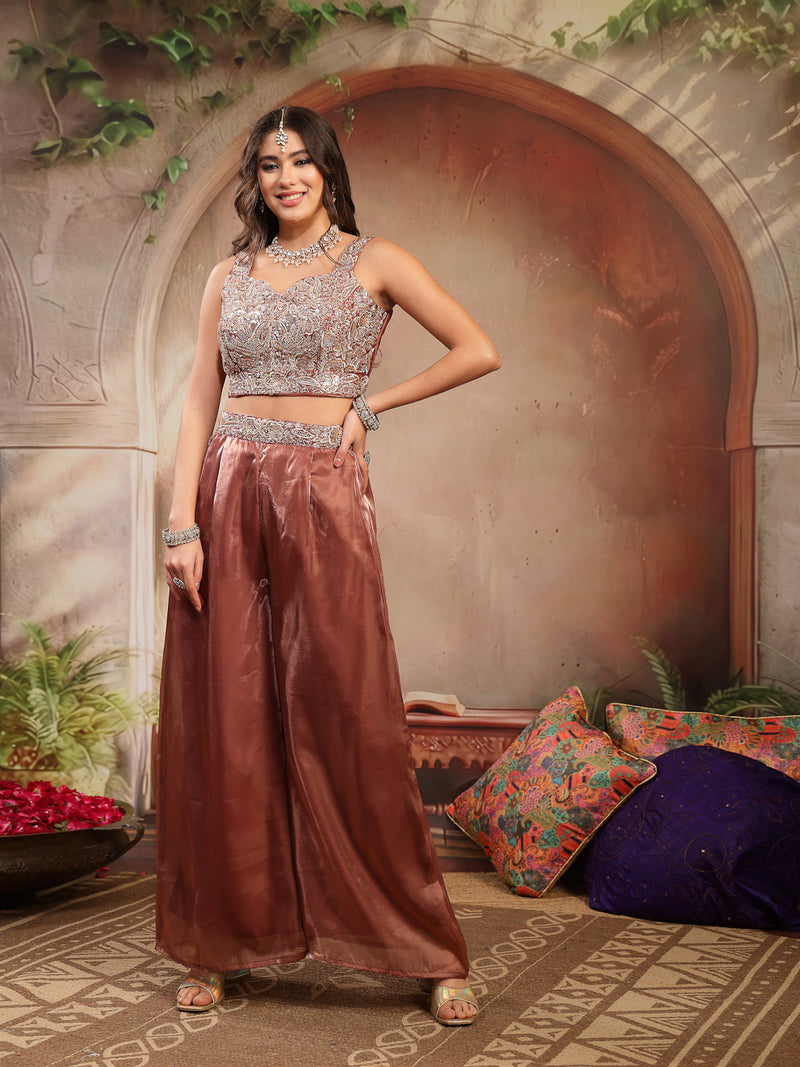 Stylum Women's Brown Solid & Embroidered Organza Co-Ords Set (CSBROWNVANYA)