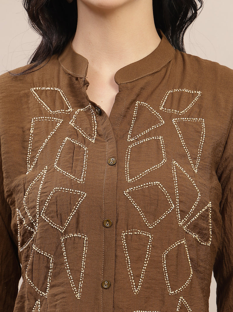 Stylum Women's Brown Solid & Embroidered Acrylic Straight Co-Ord Set (CSBROWNZARZA)