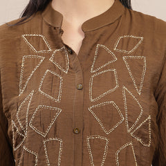 Stylum Women's Brown Solid & Embroidered Acrylic Straight Co-Ord Set (CSBROWNZARZA)