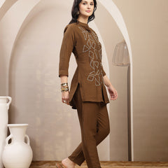 Stylum Women's Brown Solid & Embroidered Acrylic Straight Co-Ord Set (CSBROWNZARZA)