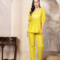 Stylum Women's Corn Soild & Embroidered Cotton Co-ord Set (CSCORNCHOPTA)