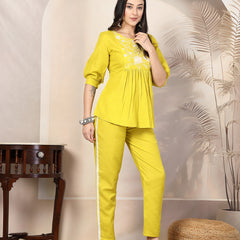 Stylum Women's Corn Soild & Embroidered Cotton Co-ord Set (CSCORNCHOPTA)