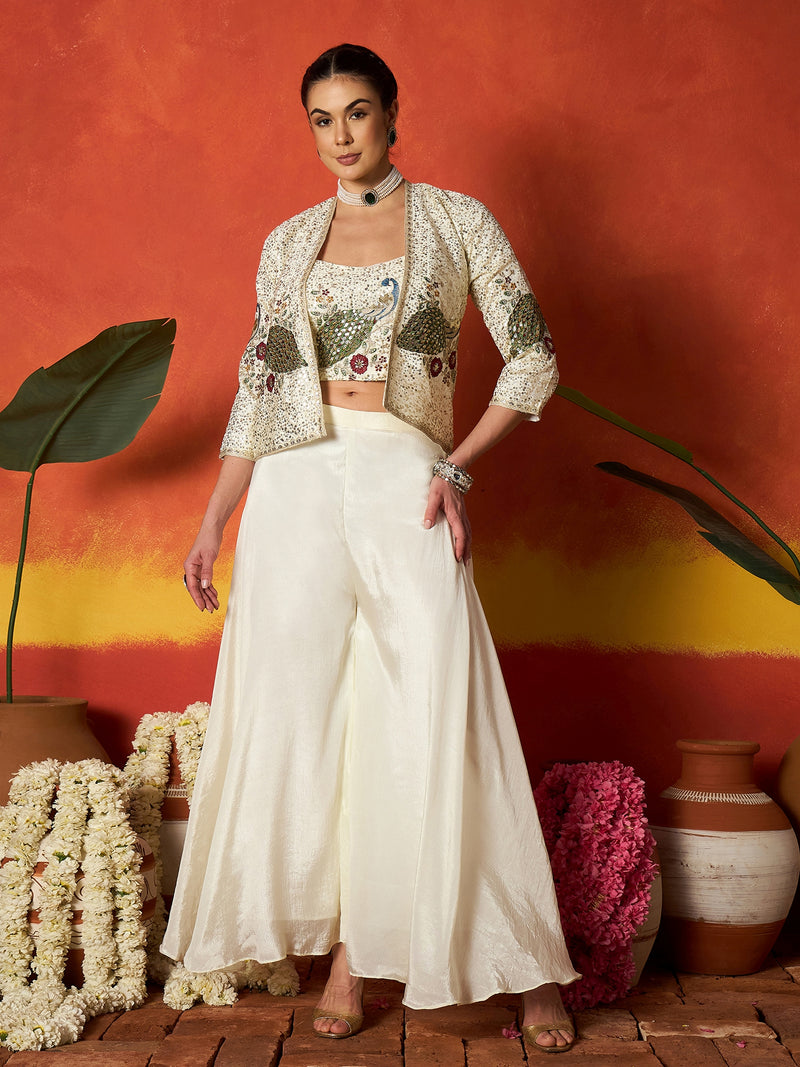 Stylum Women's Cream Solid & Embroidered Silk Blend Co-Ord Set (CSCREAMDAFFY)
