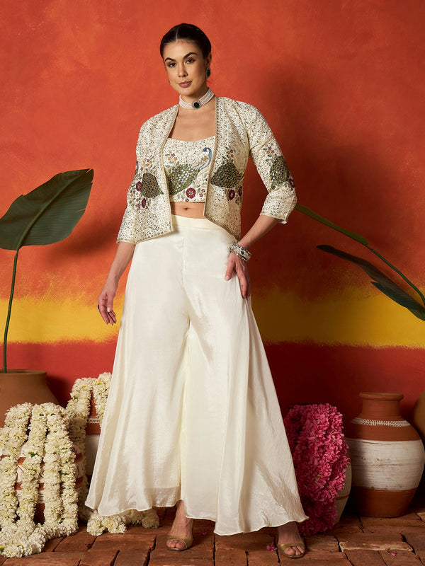 Stylum Women's Cream Solid & Embroidered Silk Blend Co-Ord Set (CSCREAMDAFFY)