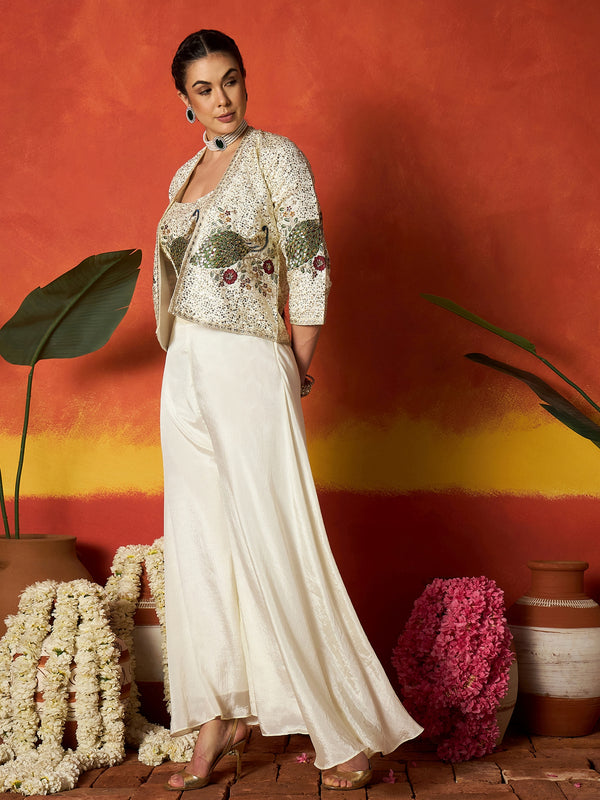 Stylum Women's Cream Solid & Embroidered Silk Blend Co-Ord Set (CSCREAMDAFFY)