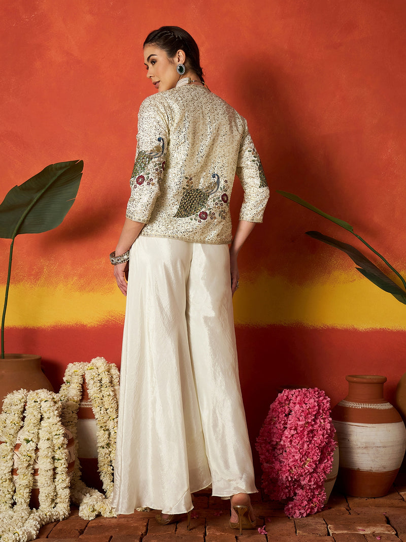 Stylum Women's Cream Solid & Embroidered Silk Blend Co-Ord Set (CSCREAMDAFFY)