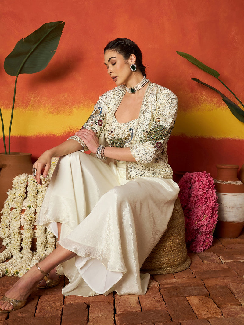 Stylum Women's Cream Solid & Embroidered Silk Blend Co-Ord Set (CSCREAMDAFFY)