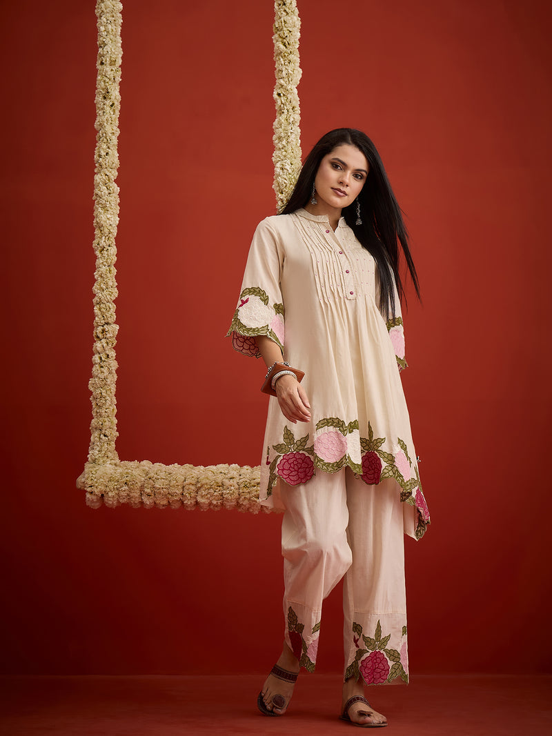 Stylum Women's Cream Solid & Embroidered Pure Cotton Co-Ord Set (CSCREAMHIKKIM)