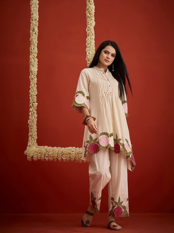 Stylum Women's Cream Solid & Embroidered Pure Cotton Co-Ord Set (CSCREAMHIKKIM)