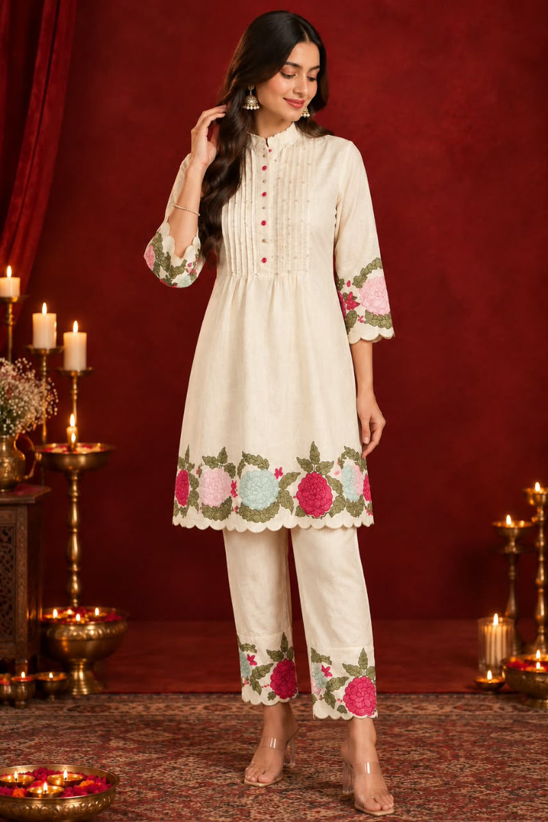 Stylum Women's Cream Solid & Embroidered Pure Cotton Co-Ord Set (CSCREAMHIKKIM)
