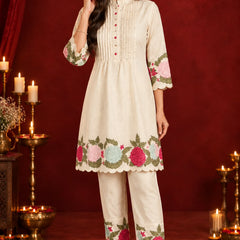 Stylum Women's Cream Solid & Embroidered Pure Cotton Co-Ord Set (CSCREAMHIKKIM)