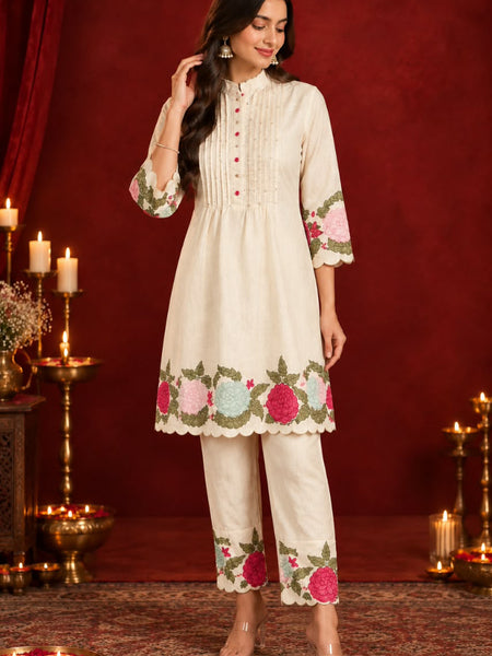 Stylum Women's Cream Solid & Embroidered Pure Cotton Co-Ord Set (CSCREAMHIKKIM)