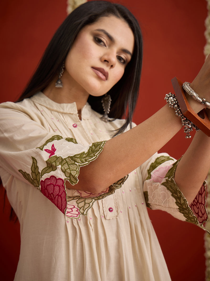 Stylum Women's Cream Solid & Embroidered Pure Cotton Co-Ord Set (CSCREAMHIKKIM)