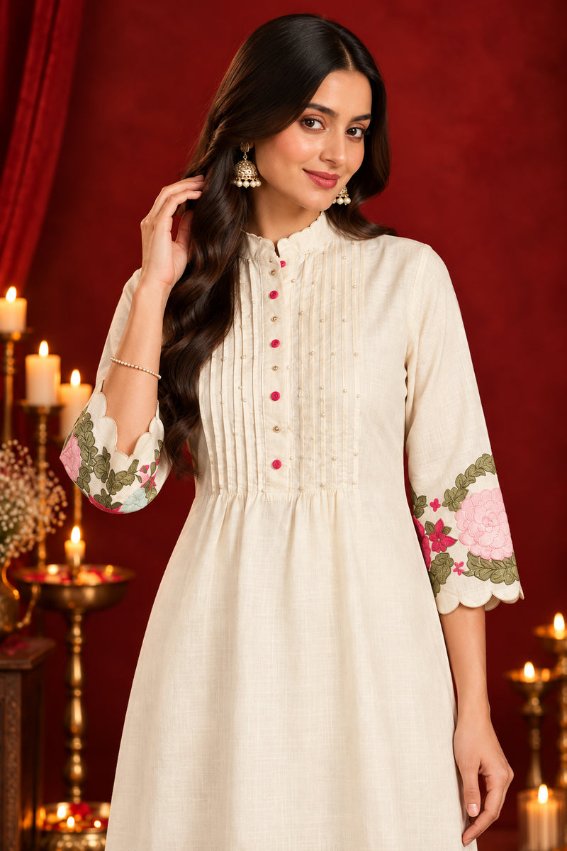 Stylum Women's Cream Solid & Embroidered Pure Cotton Co-Ord Set (CSCREAMHIKKIM)