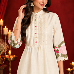 Stylum Women's Cream Solid & Embroidered Pure Cotton Co-Ord Set (CSCREAMHIKKIM)