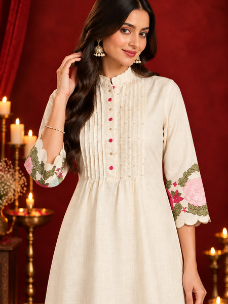 Stylum Women's Cream Solid & Embroidered Pure Cotton Co-Ord Set (CSCREAMHIKKIM)