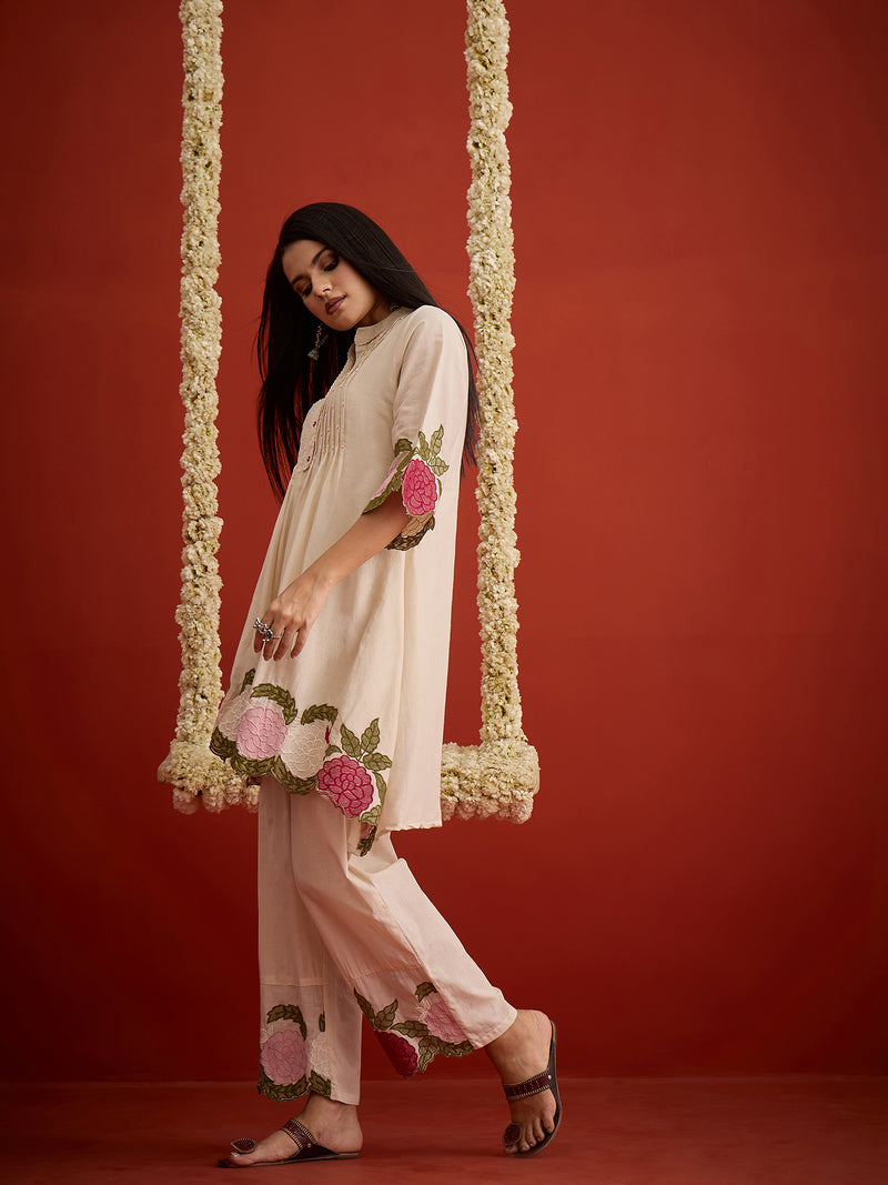 Stylum Women's Cream Solid & Embroidered Pure Cotton Co-Ord Set (CSCREAMHIKKIM)