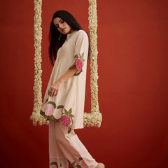 Stylum Women's Cream Solid & Embroidered Pure Cotton Co-Ord Set (CSCREAMHIKKIM)