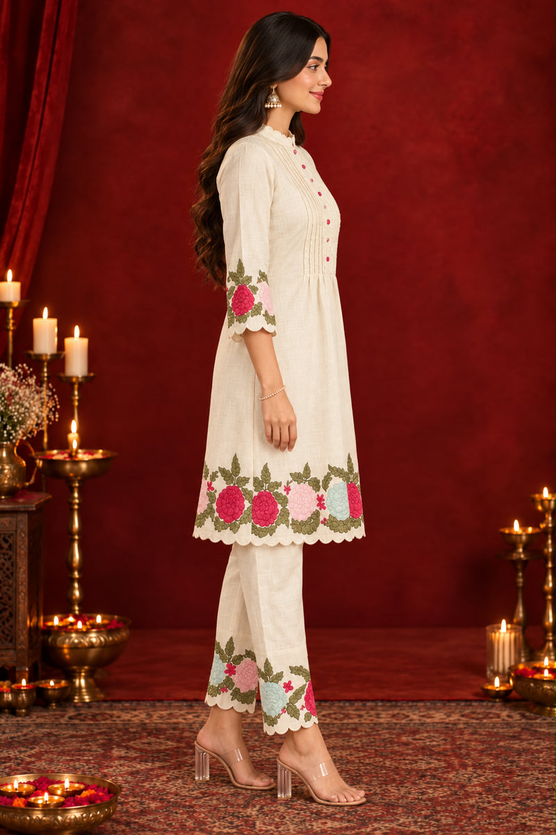 Stylum Women's Cream Solid & Embroidered Pure Cotton Co-Ord Set (CSCREAMHIKKIM)