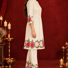 Stylum Women's Cream Solid & Embroidered Pure Cotton Co-Ord Set (CSCREAMHIKKIM)