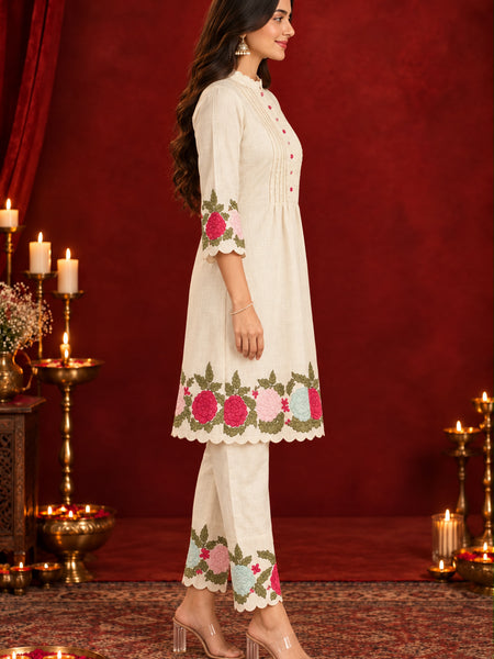 Stylum Women's Cream Solid & Embroidered Pure Cotton Co-Ord Set (CSCREAMHIKKIM)