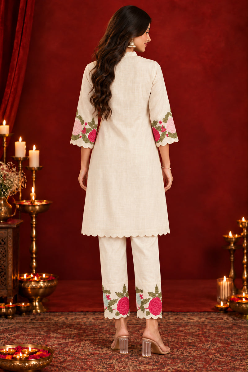 Stylum Women's Cream Solid & Embroidered Pure Cotton Co-Ord Set (CSCREAMHIKKIM)