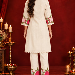 Stylum Women's Cream Solid & Embroidered Pure Cotton Co-Ord Set (CSCREAMHIKKIM)