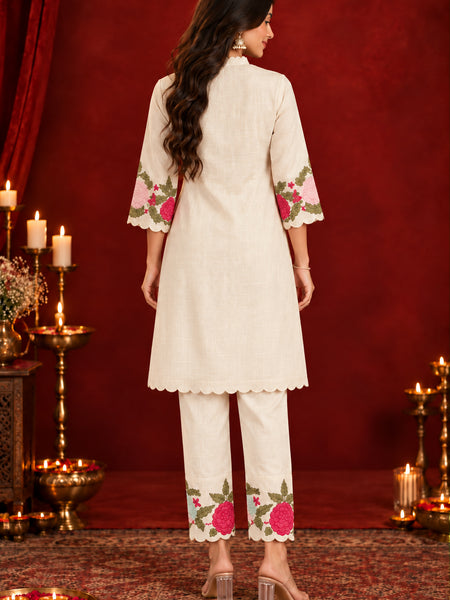 Stylum Women's Cream Solid & Embroidered Pure Cotton Co-Ord Set (CSCREAMHIKKIM)