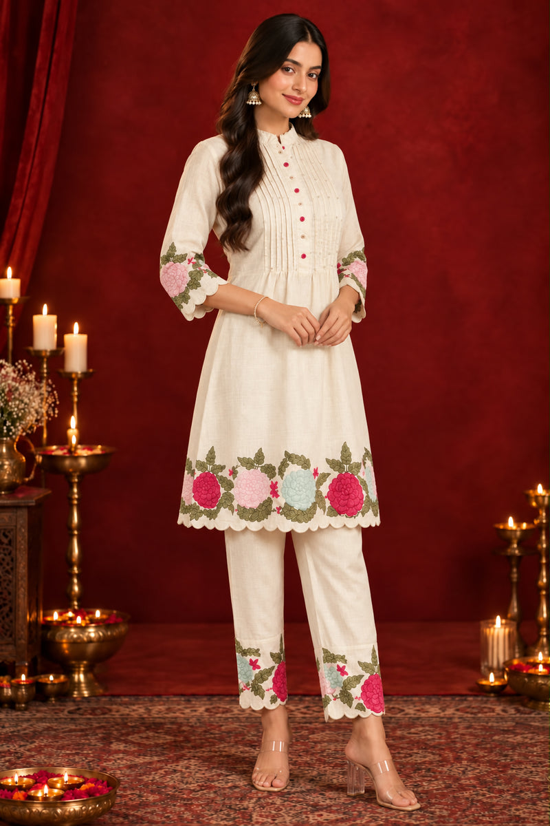 Stylum Women's Cream Solid & Embroidered Pure Cotton Co-Ord Set (CSCREAMHIKKIM)
