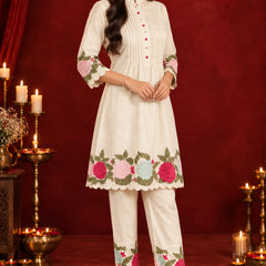 Stylum Women's Cream Solid & Embroidered Pure Cotton Co-Ord Set (CSCREAMHIKKIM)