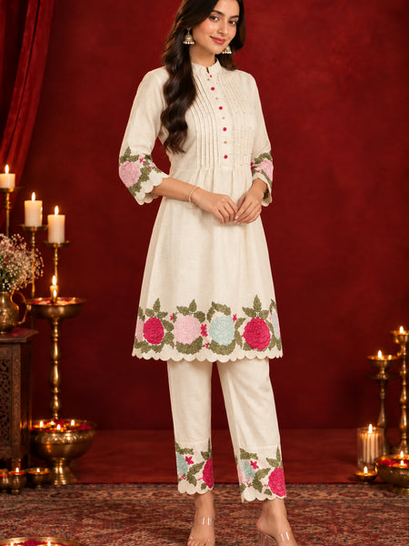 Stylum Women's Cream Solid & Embroidered Pure Cotton Co-Ord Set (CSCREAMHIKKIM)
