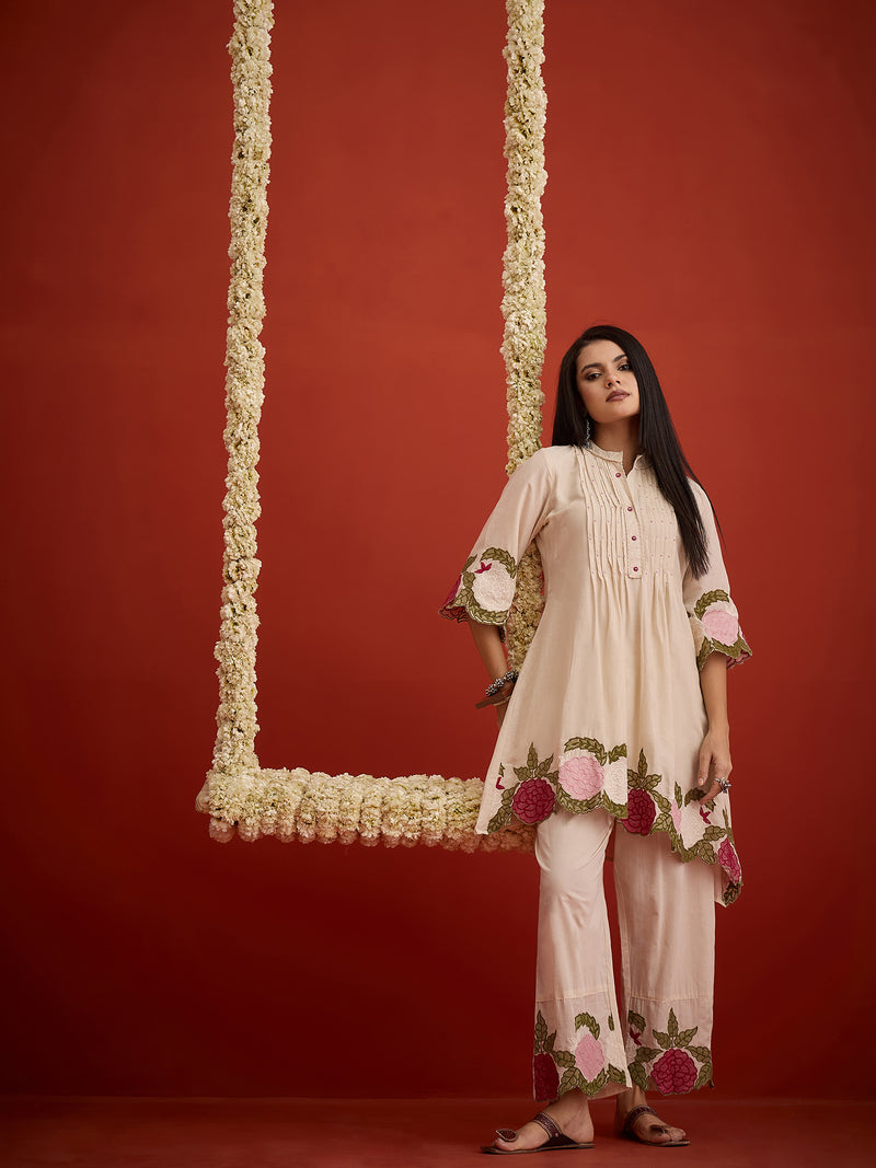 Stylum Women's Cream Solid & Embroidered Pure Cotton Co-Ord Set (CSCREAMHIKKIM)