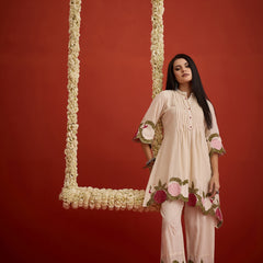 Stylum Women's Cream Solid & Embroidered Pure Cotton Co-Ord Set (CSCREAMHIKKIM)