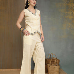 Stylum Women's Cream Solid Cotton Co-Ord Set (CSCREAMJOJU)