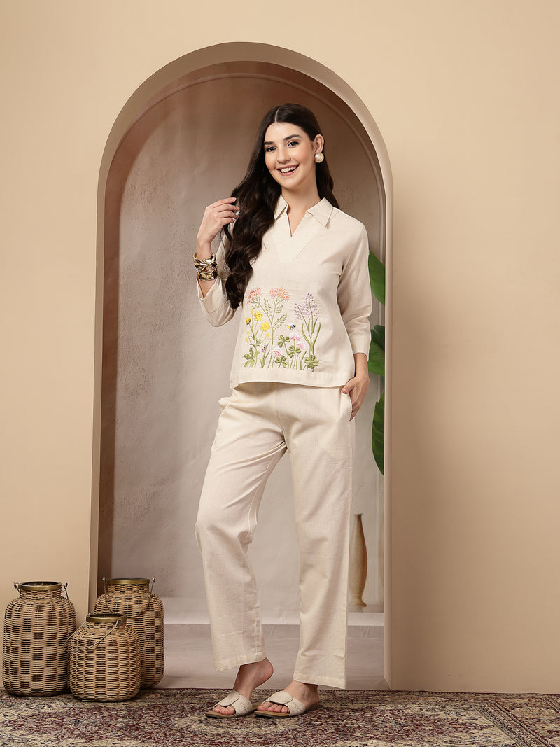 Stylum Women's Cream Solid & Embroidered Cotton Co-Ord Set (CSCREAMLUZON)