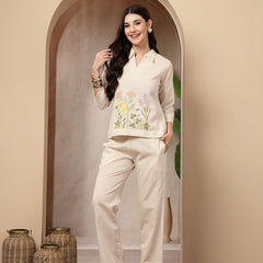 Stylum Women's Cream Solid & Embroidered Cotton Co-Ord Set (CSCREAMLUZON)