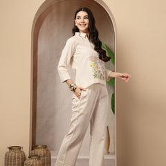 Stylum Women's Cream Solid & Embroidered Cotton Co-Ord Set (CSCREAMLUZON)