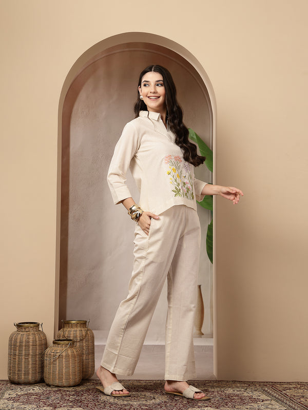 Stylum Women's Cream Solid & Embroidered Cotton Co-Ord Set (CSCREAMLUZON)