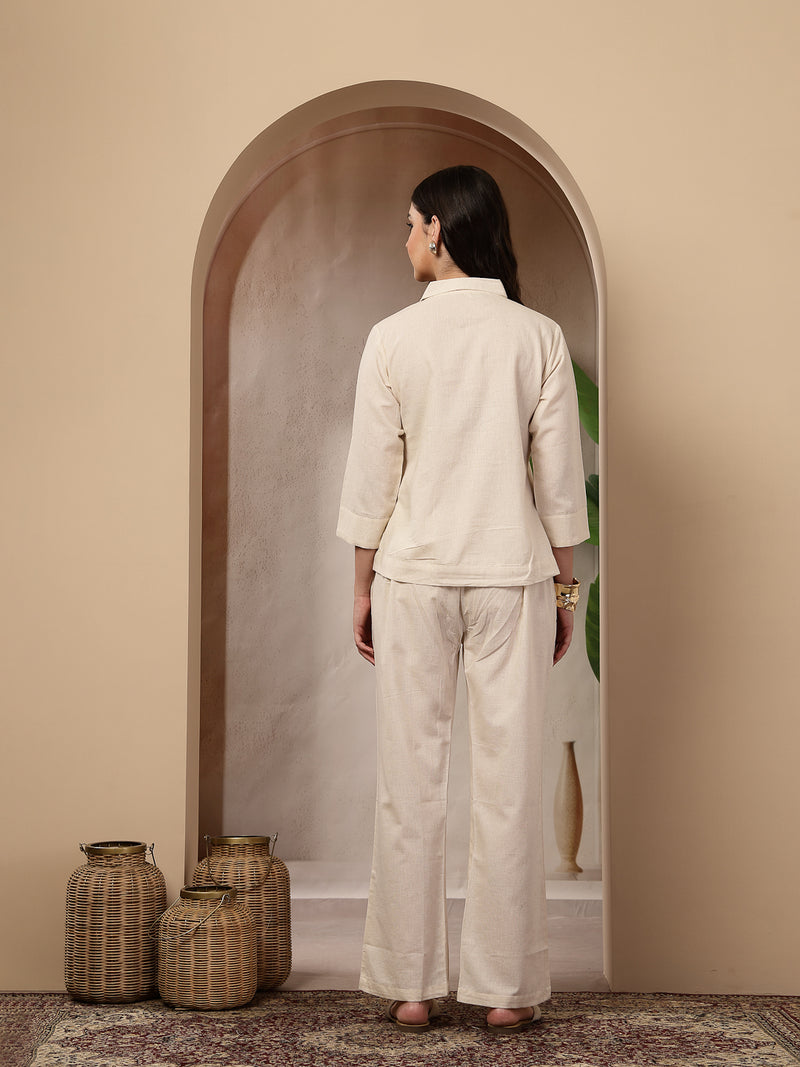 Stylum Women's Cream Solid & Embroidered Cotton Co-Ord Set (CSCREAMLUZON)