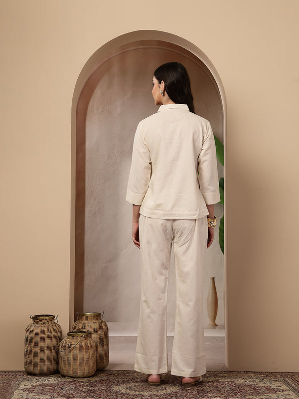Stylum Women's Cream Solid & Embroidered Cotton Co-Ord Set (CSCREAMLUZON)
