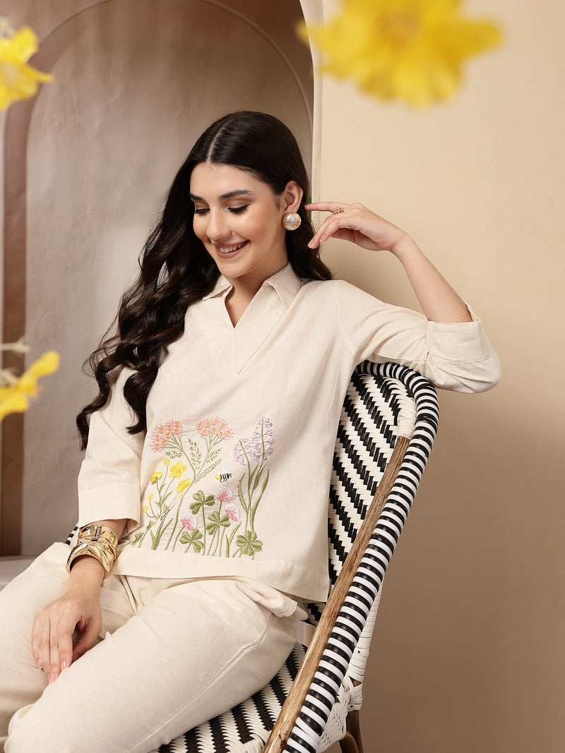 Stylum Women's Cream Solid & Embroidered Cotton Co-Ord Set (CSCREAMLUZON)