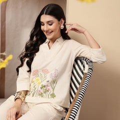 Stylum Women's Cream Solid & Embroidered Cotton Co-Ord Set (CSCREAMLUZON)