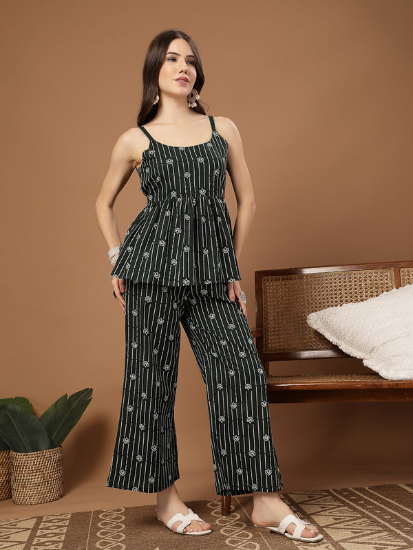 Stylum Women's Green Striped Printed Cotton Co-Ords Set (CSGREENJAFAR)