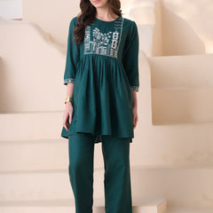 Stylum Women's Green Solid & Embroidered Cotton Blend Co-Ord Set (CSGREENJOON)