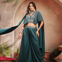 Stylum Women's Green Solid & Embroidered Poly Georgette Co-Ords Set (CSGREENMAYRA)