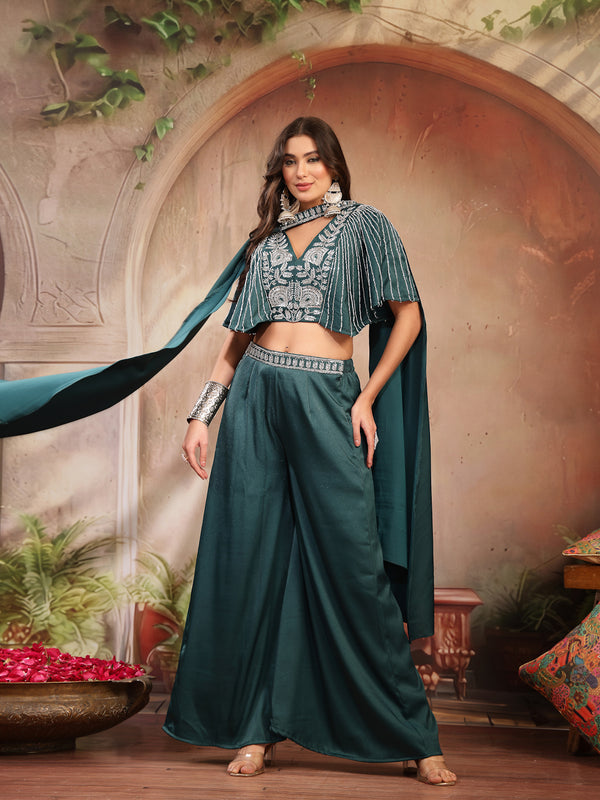 Stylum Women's Green Solid & Embroidered Poly Georgette Co-Ords Set (CSGREENMAYRA)