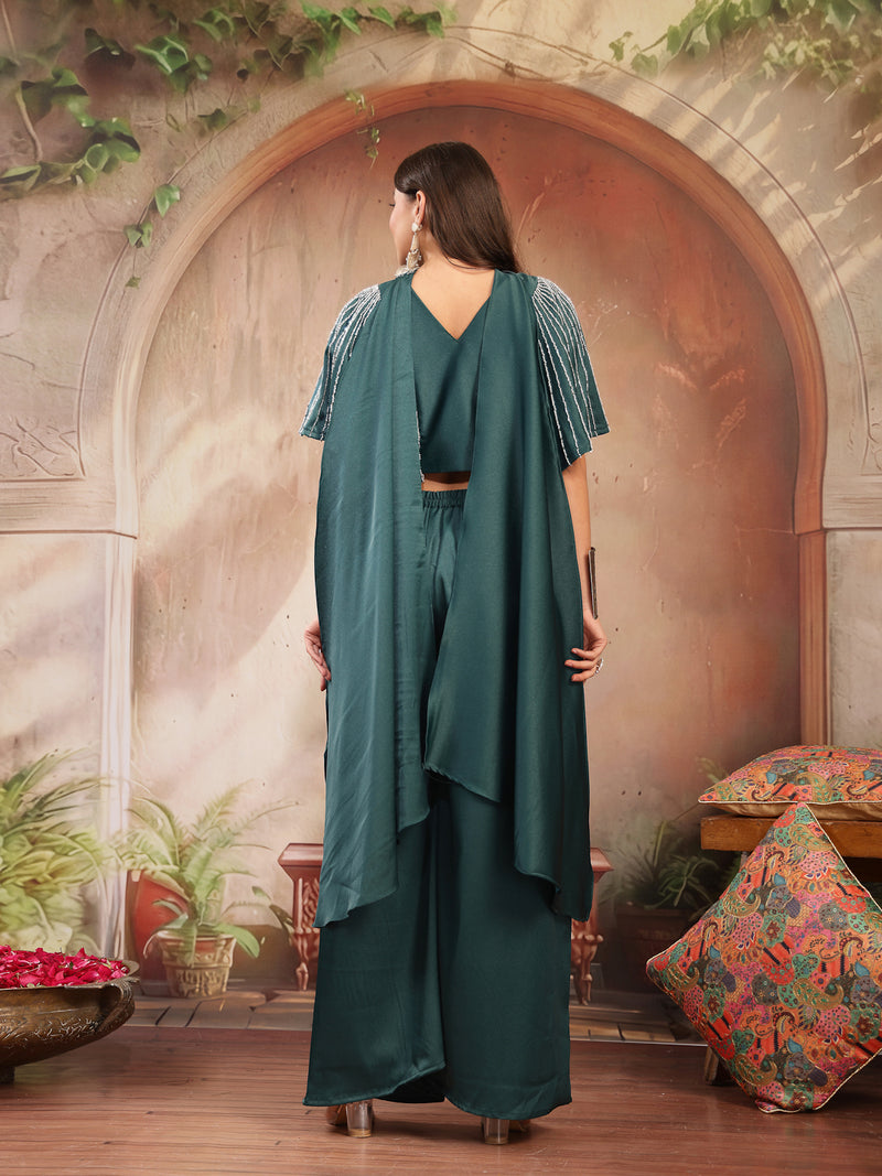 Stylum Women's Green Solid & Embroidered Poly Georgette Co-Ords Set (CSGREENMAYRA)