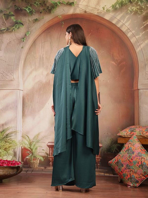 Stylum Women's Green Solid & Embroidered Poly Georgette Co-Ords Set (CSGREENMAYRA)