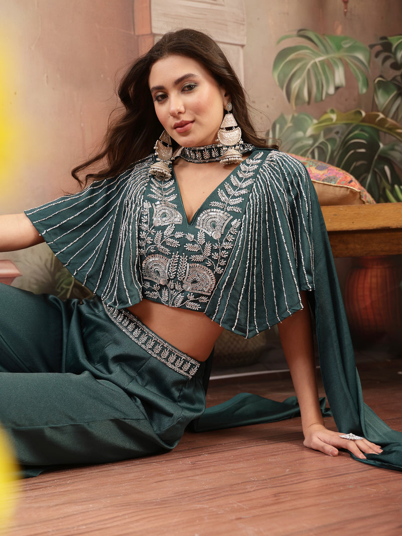 Stylum Women's Green Solid & Embroidered Poly Georgette Co-Ords Set (CSGREENMAYRA)